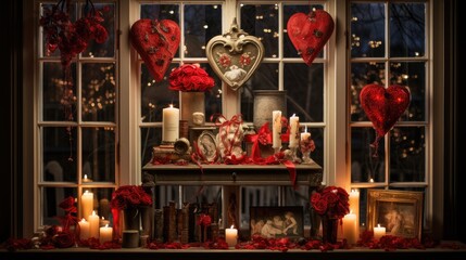 Sticker -  a valentine's day window display with candles, hearts, and other valentine's day decorations in front of a window.