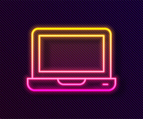 Poster - Glowing neon line Laptop icon isolated on black background. Computer notebook with empty screen sign. Vector