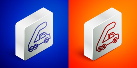 Sticker - Isometric line Passenger ladder for plane boarding icon isolated on blue and orange background. Airport stair travel. Silver square button. Vector