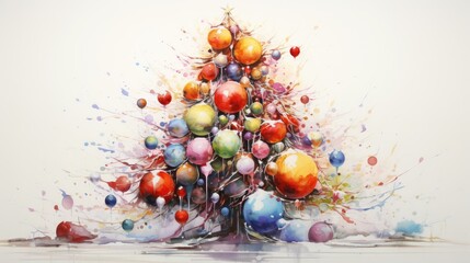 Sticker -  a painting of a multicolored christmas tree with a splash of paint on the top and bottom of the tree.