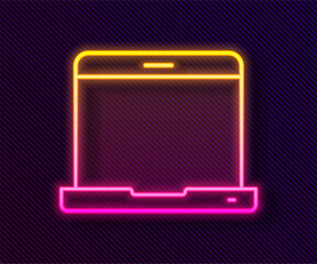 Poster - Glowing neon line Laptop icon isolated on black background. Computer notebook with empty screen sign. Vector