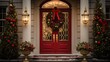  a red front door decorated for christmas with a wreath and two christmas trees on either side of the front door.
