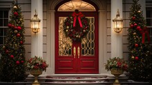 A Red Front Door Decorated For Christmas With A Wreath And Two Christmas Trees On Either Side Of The Front Door.