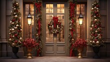  A Front Door Decorated For Christmas With Christmas Wreaths And Wreaths Hanging From The Side Of The Front Door.