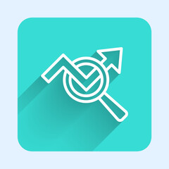 Poster - White line Magnifying glass and data analysis icon isolated with long shadow background. Search sign. Green square button. Vector
