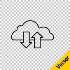 Poster - Black line Cloud download and upload icon isolated on transparent background. Vector