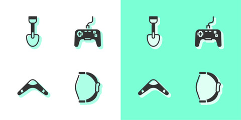 Poster - Set Bow toy, Shovel, Boomerang and Gamepad icon. Vector