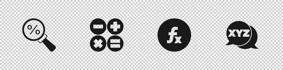 Poster - Set Magnifying glass with percent, Calculator, Function mathematical symbol and XYZ Coordinate system icon. Vector