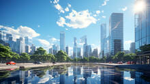 Modern Skyscrapers Made Of Glass And Metal, Creating A Beautiful Cityscape From The Water Against The Blue Sky With Clouds, 3D Rendering, The Concept Of A Comfortable Metropolis Life.