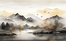 Black And White Mountains Painting With Gold On It Background Wallpaper