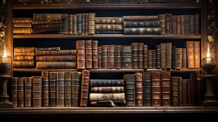 Vintage old books on wooden shelf