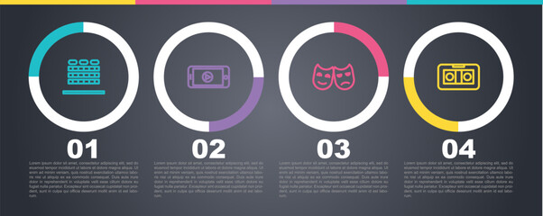 Poster - Set line Cinema auditorium with seats, Online play video, Comedy and tragedy masks and VHS cassette tape. Business infographic template. Vector