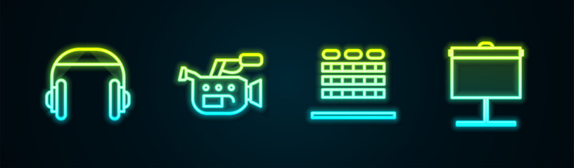 Sticker - Set line Headphones, Cinema camera, auditorium with seats and Projection screen. Glowing neon icon. Vector