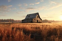 Abandoned Rustic Barn In An Open Field, Illuminated By The Late Afternoon Sun