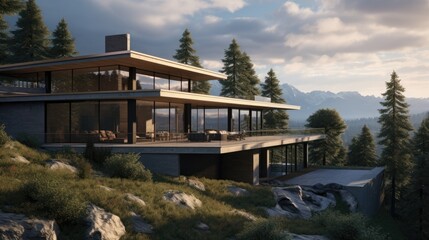 Poster -  an artist's rendering of a modern house on a cliff overlooking a forest and a mountain range with a mountain range in the background.