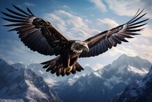A Solitary Eagle Soaring High Against A Backdrop Of Mountains