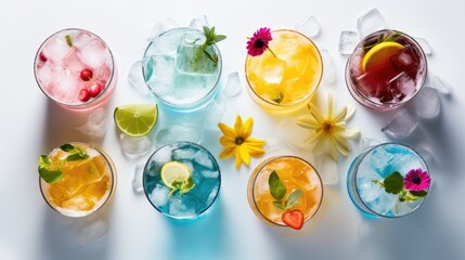 Poster -  a group of glasses filled with different types of drinks and garnished with flowers and lemons on a white surface.