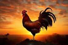 A Silhouette Of A Rooster Crowing At Dawn With A Vibrant Sunrise Background