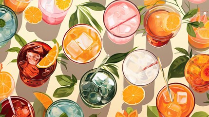 Canvas Print -  a group of glasses filled with different types of drinks and garnished with oranges and green leaves on a beige background.