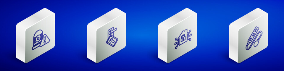 Sticker - Set Isometric line Ringing alarm bell, Digital door lock, Smart home and Electric extension cord icon. Vector