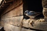 A swift swallow nesting under the eaves of a rustic barn