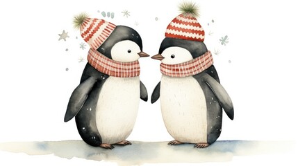 Poster -  a couple of penguins standing next to each other on top of a snow covered ground with a red and white hat.