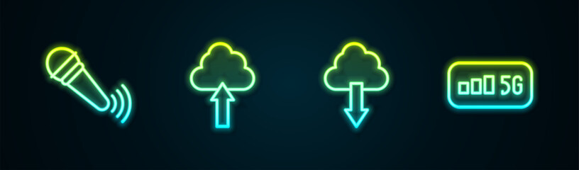 Poster - Set line Wireless microphone, Cloud upload, download and 5G wireless internet. Glowing neon icon. Vector
