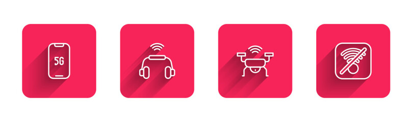 Poster - Set line Mobile with 5G, Smart headphones system, drone and No Wi-Fi wireless internet with long shadow. Red square button. Vector