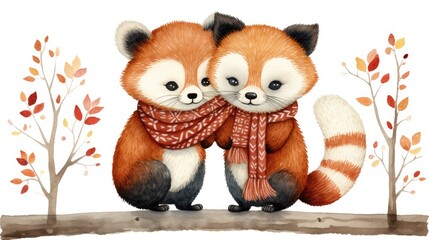 Wall Mural -  a couple of red pandas standing next to each other in front of a tree with autumn leaves on it.