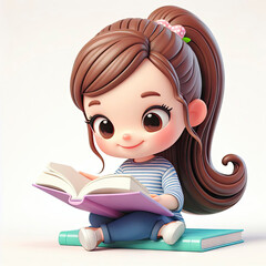 little girl reading a book 3d character. ai generative