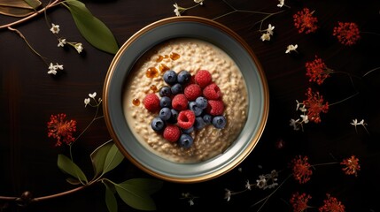 Sticker -  a bowl of oatmeal topped with raspberries and blueberries on top of a wooden table.