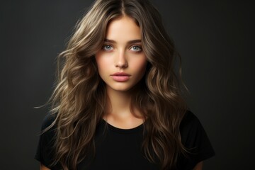 Photo of a young woman with luxurious long hair, dressed in a black t-shirt.