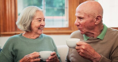 Wall Mural - Old, couple or tea laugh in retirement home or love connection, pensioner relax together or morning talk. Man, woman and coffee drink on sofa trust support communication, marriage calm or happy peace