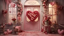  A Valentine's Day Scene With A Pink Door And A Heart - Shaped Door Surrounded By Flowers And Balloons.