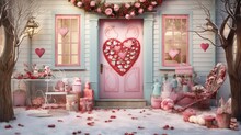  A House Decorated For Valentine's Day With A Pink Heart On The Front Door And A Wreath On The Front Door.