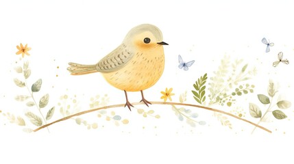 Sticker -  a watercolor painting of a bird sitting on a branch with flowers and butterflies in the background on a white background.