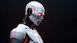 Malicious cyborg, artificial intelligence with red eyes in a black background with space for text