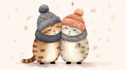 Poster -  a couple of cats hugging each other with a knitted hat on top of one of the cats'heads.