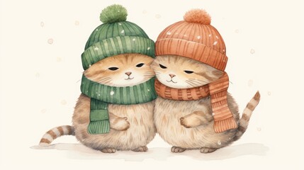 Wall Mural -  a watercolor painting of two cats wearing hats and scarves, one with a cat's head wrapped around the other's neck.