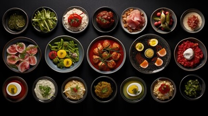 Poster -  a black table topped with lots of different types of plates and bowls filled with different types of food and veggies.