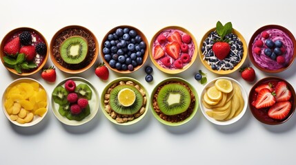 Poster -  a group of bowls filled with different types of fruit on top of a white table next to a bowl of strawberries, kiwis, oranges, kiwis, kiwis, and more.