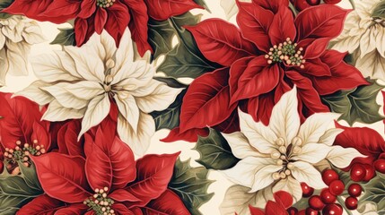 Canvas Print -  a pattern of poinsettis and holly leaves on a white background with red berries and leaves on the bottom of the poinsettis.