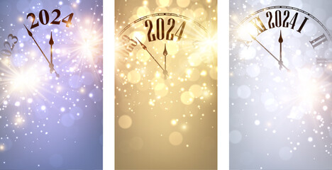 Wall Mural - New Year 2024 countdown clock over background with glisters and defocused lights. Vertical purple and golden banners.