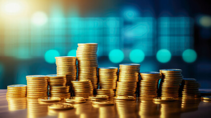 Poster - Stack of gold coins with stock market or forex trading graph chart background.