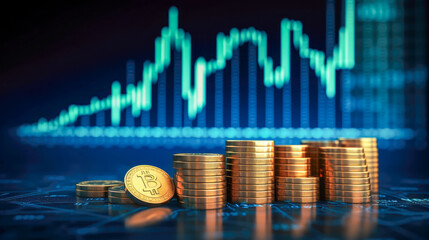 Poster - Stack of gold coins with stock market or forex trading graph chart background.