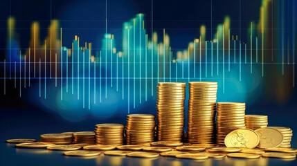 Poster - Stack of gold coins with stock market or forex trading graph chart background.