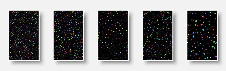 Wall Mural - Set of black paper mockup cards with small colorful rough dots. Made for invitation, web pages, apps, party flyer, simple web design.