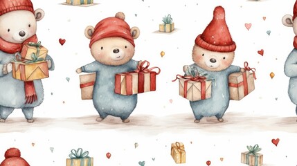 Sticker -  a set of three pictures of a bear holding a gift box and a bear with a red hat and scarf.