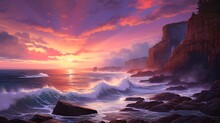 A Dramatic Coastal Cliff Scene At Sunset, With Waves Crashing Against Rugged Rocks, And The Sky Painted In Hues Of Orange, Pink, And Purple