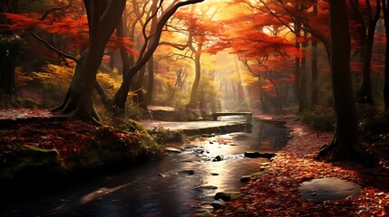 Wall Mural - A tranquil forest pathway in autumn, with vibrant fall colors on the trees, a carpet of fallen leaves, and soft sunlight filtering through the canopy